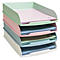 Veelkleurige brievenbakorganizer met vier compartimenten. Elke lade heeft een andere kleur: groen, roze, blauw en wit. Er liggen papieren in elk compartiment.
