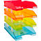 Veelkleurige brievenbak met vier niveaus. Rood, oranje, geel en blauw, transparant materiaal. Voor kantoor of thuiskantoor.