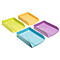 Vier gekleurde trays: geel, lichtblauw, geelgroen en paars.