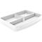 Plateau de bureau rectangulaire blanc avec compartiments, coins arrondis et un logo.