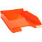 Bac à documents rectangulaire orange montré en détail. Une étiquette blanche est apposée sur un côté.