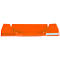 Plateau de bureau orange et rectangulaire avec deux parois latérales et un petit autocollant blanc rectangulaire.
