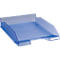 Bac à documents en plastique bleu. Le design est transparent et comporte une étiquette.