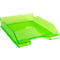 Bac à papier vert transparent. Forme angulaire, légèrement inclinée, avec des découpes.