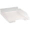 Bac à papier rectangulaire transparent en plastique. Avant bas, côtés légèrement inclinés vers le haut.