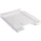 Plateau en plastique rectangulaire transparent avec bords surélevés et une découpe.