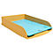 Plateau de bureau jaune avec plateau bleu, fond blanc.