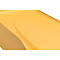 Gros plan d'une surface en plastique jaune, incurvée, avec un logo en relief. La surface a une texture lisse et légèrement réfléchissante.