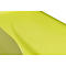 Gros plan sur un couvercle en plastique jaune vif avec une inscription en relief.
