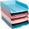 Quatre bacs à dossiers colorés empilés les uns sur les autres : bleu clair, rose, rose clair et bleu foncé. Chaque bac a un renfoncement pour la prise en main.
