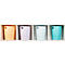 Quatre tasses colorées dans une étagère blanche. Chaque tasse a une poignée et est de couleurs pastel : orange, violet, bleu, turquoise.