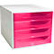 Système de tiroirs blanc avec quatre tiroirs roses. Lignes épurées, fond neutre.
