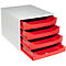 Unité de rangement blanche avec quatre tiroirs rouges, légèrement ouverts.