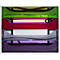 Multicolor archiefsysteem met vier transparante lades. Groen, roze, grijs, violet. Wit frame.