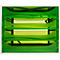 Bureau-organizer met vier transparante groene lades in een wit frame.