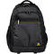 Schwarzer Rucksack mit Rollen und Griffen. Reißverschlüsse und goldene Akzente. Kleines Logo unten rechts.