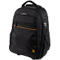 Schwarzer Laptop-Rucksack mit goldfarbener Linie und Reißverschlüssen, Griff oben.