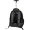 Schwarzer Rucksack mit ausziehbarem Griff und Rollen. Der Rucksack ist von hinten abgebildet.