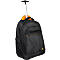 Schwarzer Rucksack mit Rädern und ausziehbarem Griff. Orangefarbene Innenfutter ist sichtbar.