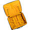 Valise noire ouverte avec doublure jaune et sangles d'emballage.