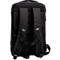Schwarzer Rucksack von hinten. Gepolsterter Rücken und Träger. Reflektierende Streifen.