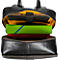 Sac à dos noir ouvert avec ordinateur portable, dossiers et papiers. Doublure jaune, fermeture éclair.