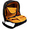Sac à dos noir, ouvert avec intérieur orange. Vue détaillée des compartiments.