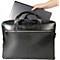 Mallette en cuir noir avec ordinateur portable. Main tenant un ordinateur portable au-dessus d'un sac ouvert. Fermeture éclair, poignée, logo discret.