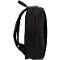 Schwarzer Rucksack von der Seite, mit Reißverschluss und Trageriemen.