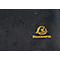 Schwarzes Stoffdetail mit gelbem Logo und Wassertropfen. Text: EXACOMPTA.