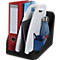 Organisateur de documents noir avec classeur rouge, séparateurs blancs, bouteille d'eau bleue et porte-stylos.
