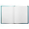 Aufgeschlagenes Notizbuch mit leerer, weißer Doppelseite und blauem Einband.