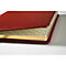 Detailopname van een rood notitieboek, de pagina's zijn licht geopend. De paginaranden zijn goud.