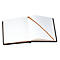 Open notitieboek met leeg, wit papier, oranje bladwijzer en zwarte kaft.