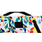 Détail d'un sac avec motif de palmiers colorés, fermeture éclair noire, poignée et logo.