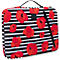 Sac avec un motif floral rouge sur fond rayé noir et blanc. Fermeture éclair et poignée.