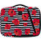 Sac noir à rayures blanches et coquelicots rouges. Poignée et fermeture éclair noires.