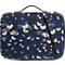 Sac d'ordinateur portable bleu foncé avec motif floral, fermeture éclair noire et poignée.