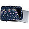 Housse d'ordinateur portable bleu foncé avec motif floral, fermeture éclair et compartiment ouvert avec un ordinateur portable qui dépasse.