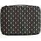 Trousse de maquillage noire avec un motif Art Déco doré. Une poignée noire et une fermeture éclair sur le dessus.