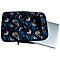 Housse d'ordinateur portable bleu foncé avec motif jungle et motifs de tigres. À l'intérieur, un ordinateur portable et une tablette.