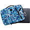 Sacoche pour ordinateur portable avec motif camouflage bleu et blanc, poignée, fermeture éclair et ordinateur portable noir.