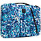 Housse d'ordinateur portable bleue avec motif camouflage, fermeture éclair noire et poignée.