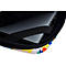 Ordinateur portable dans un étui à motifs floraux. Ordinateur portable noir avec une sangle de maintien noire. Fleurs épanouies en jaune, bleu et orange.