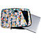 Housse d'ordinateur portable avec motif de palmiers colorés, ordinateur portable et tablette. Sac ouvert avec fermeture éclair.