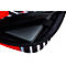 Sac d'ordinateur portable. Un sac noir avec un motif rouge et blanc. Un ordinateur portable est à l'intérieur du sac.