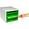 Wit opbergsysteem met drie groene lades. Een hand trekt een groen blad uit een lade.