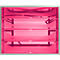 Een roze ladekast met vier laden in een grijs frame.