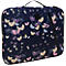 Sacoche pour ordinateur portable bleu foncé avec motif de feuilles de ginkgo. Fermeture éclair, poignée de transport. Vue détaillée.
