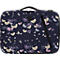 Sacoche pour ordinateur portable bleu foncé avec motif de feuilles de ginkgo en violet, rose et crème. Fermeture éclair et poignée noires.